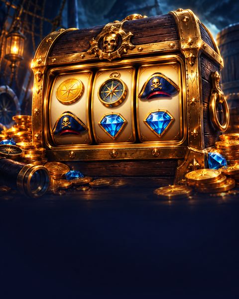 Eine Schatztruhe mit eingebauten goldenen Walzen voller Münz- und Kompasssymbole